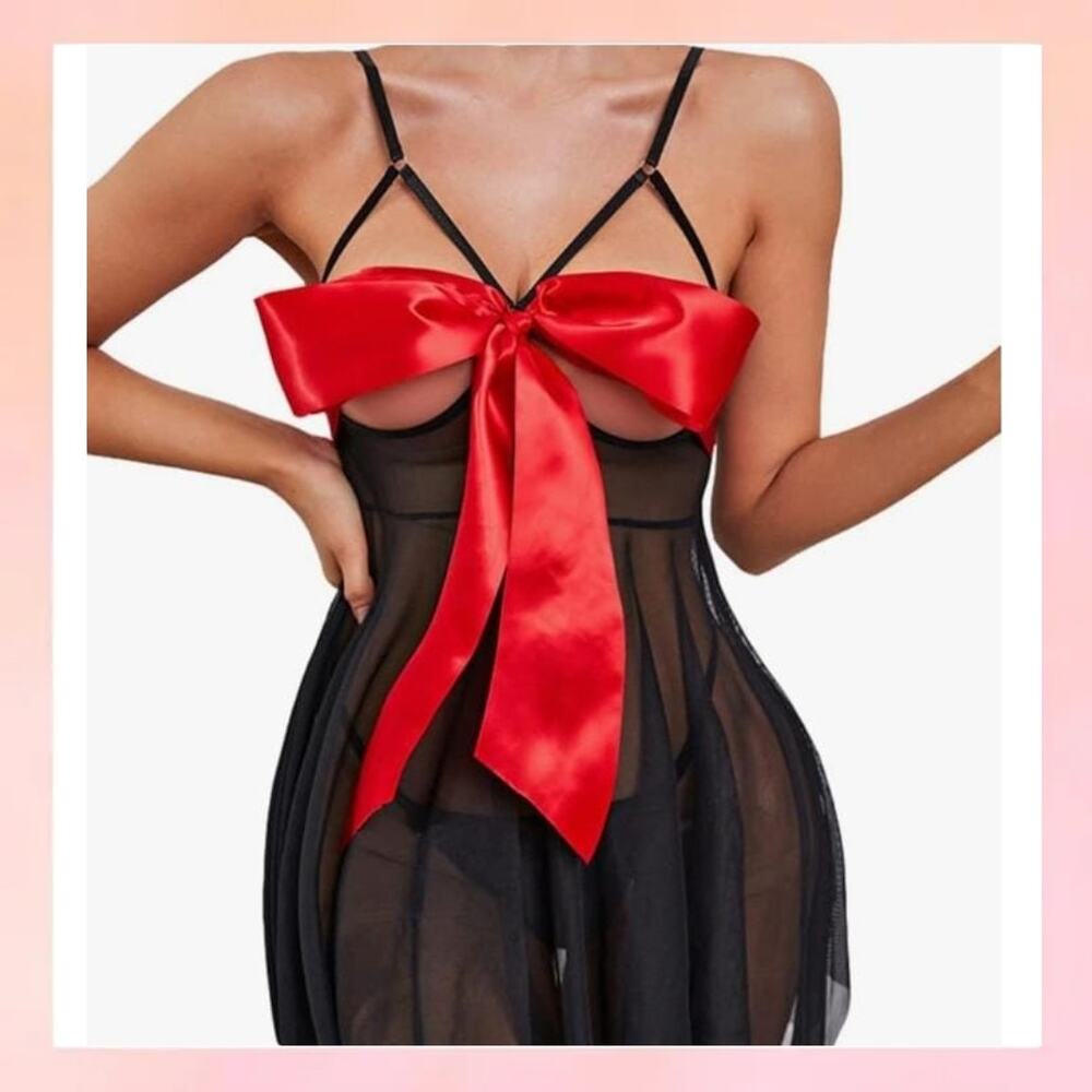 iCollection Plus Size 2X Black Mesh Babydoll Lingerie with Large Red Satin Bow
